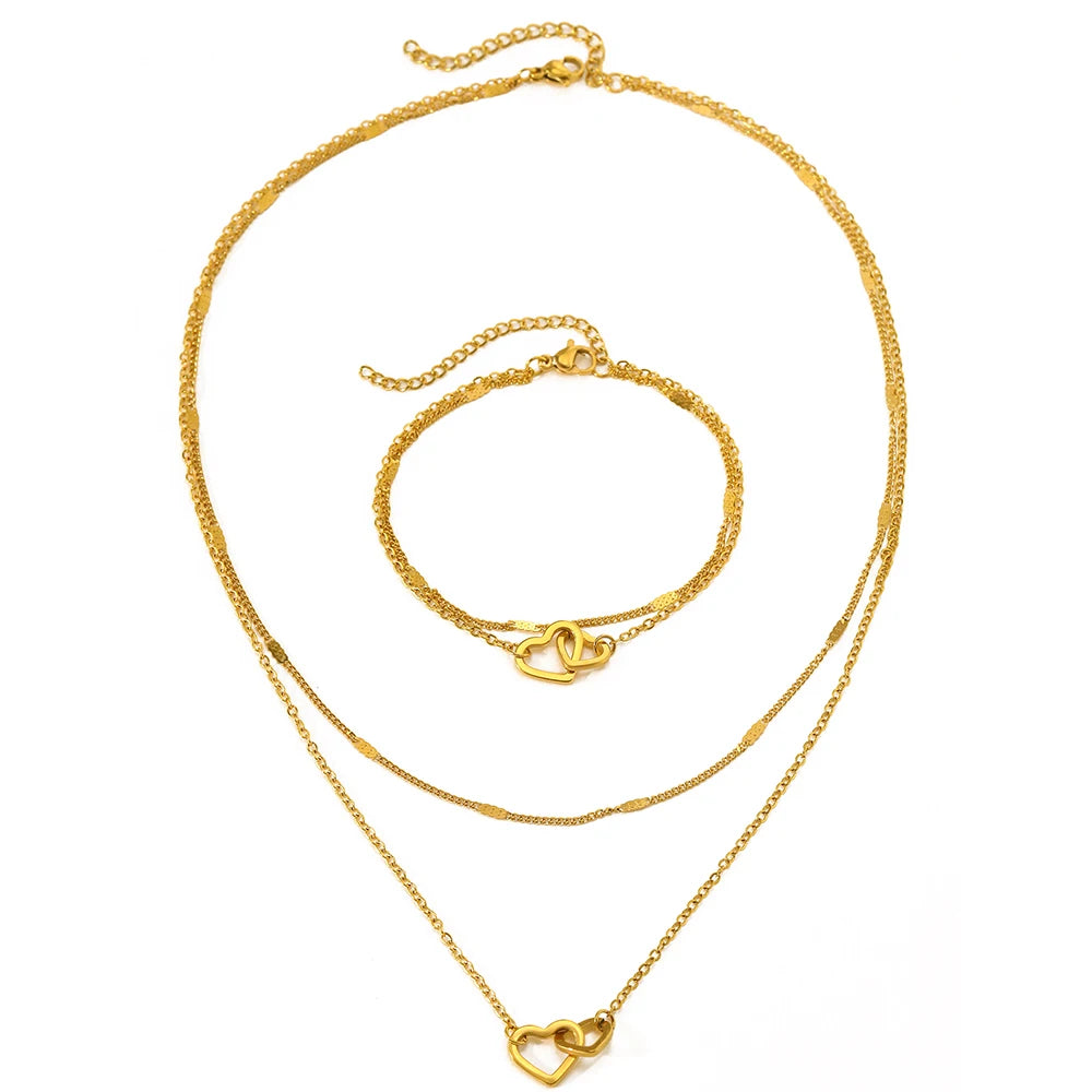 Luxury Stainless Steel Jewelry Set – Double Chain Love Necklace & Bracelet