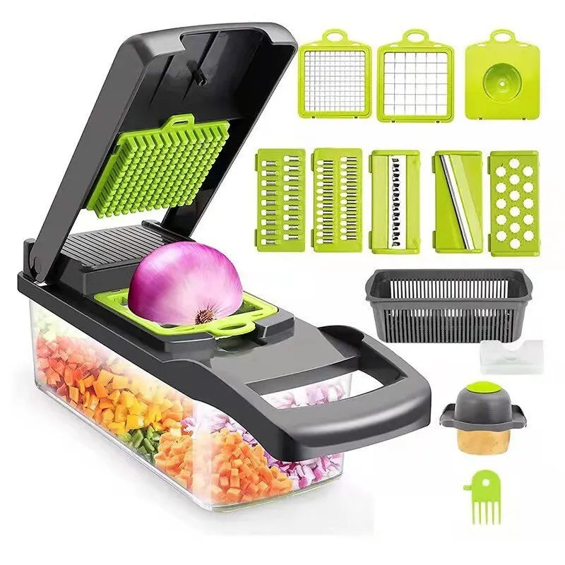 Multifunction 12-in-1 Slicer & Chopper – With Basket, Grater, Cutter