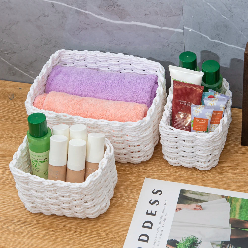 Set of 3 Handmade Woven Straw Storage Baskets – Soft Round Paper Rope Bins for Home, Office & Decorative Organization