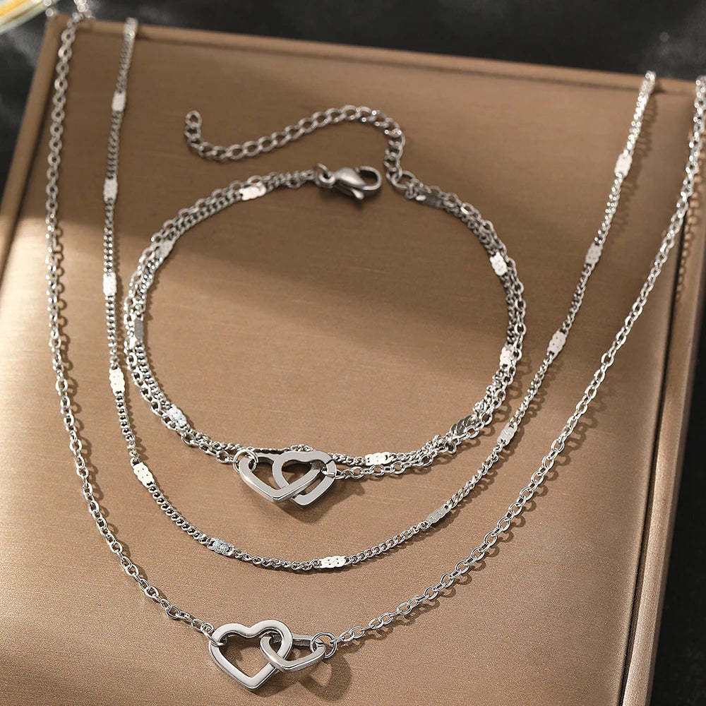 Luxury Stainless Steel Jewelry Set – Double Chain Love Necklace & Bracelet