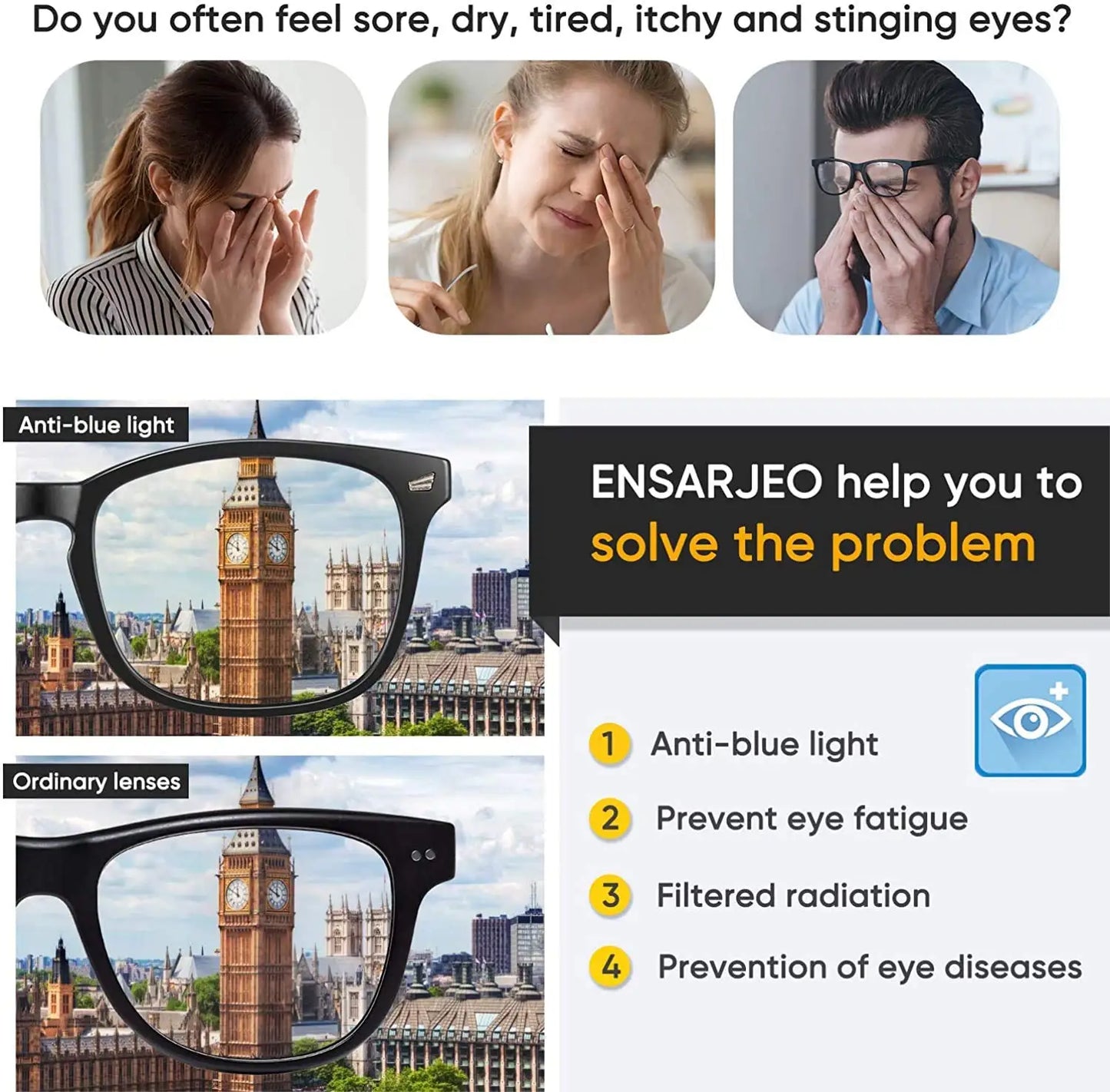 Blue Light Blocking Glasses – Square Frame Anti-Blue Ray Eyewear for Gaming & Screen Use