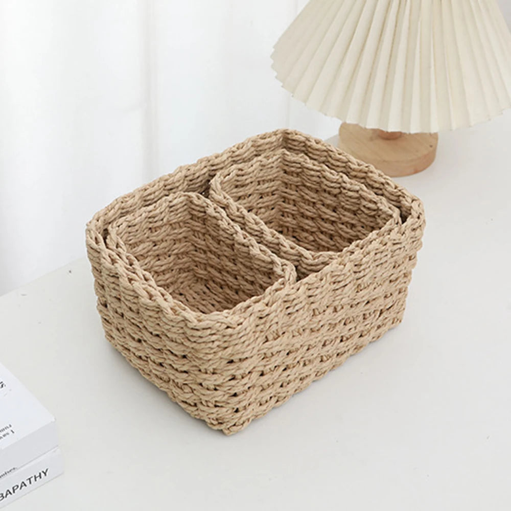Set of 3 Handmade Woven Straw Storage Baskets – Soft Round Paper Rope Bins for Home, Office & Decorative Organization