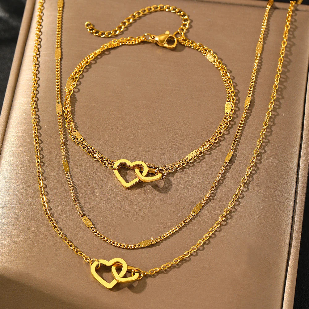 Luxury Stainless Steel Jewelry Set – Double Chain Love Necklace & Bracelet