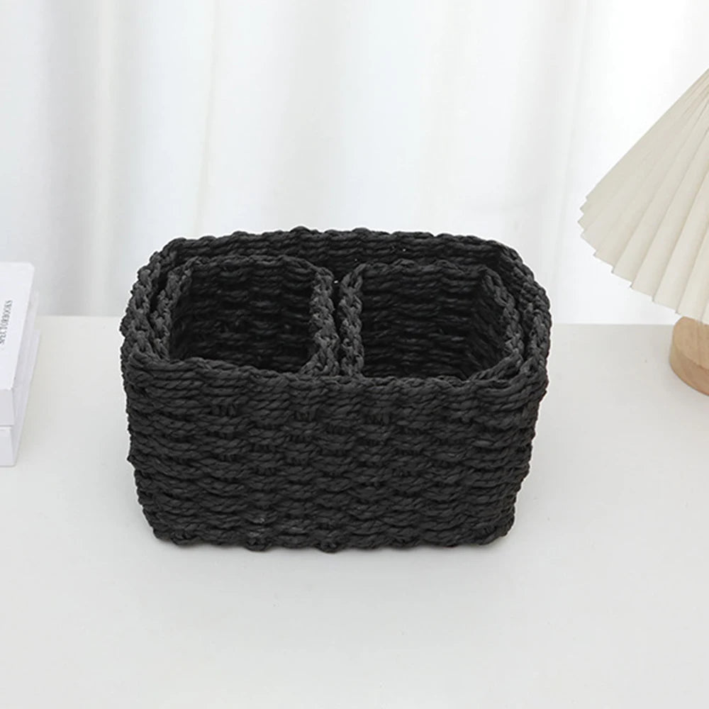Set of 3 Handmade Woven Straw Storage Baskets – Soft Round Paper Rope Bins for Home, Office & Decorative Organization