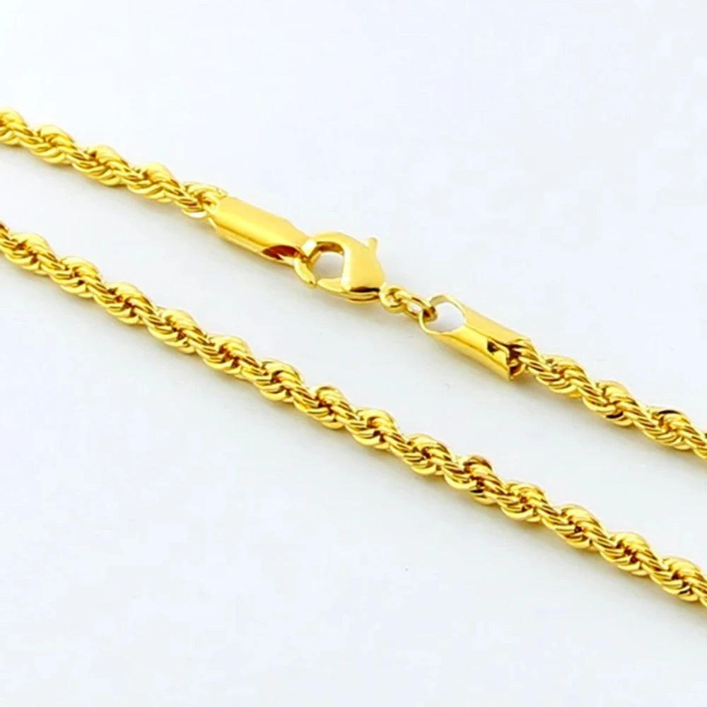 8K Gold Twisted Rope Chain Necklace — 3mm Unisex Design for Men & Women