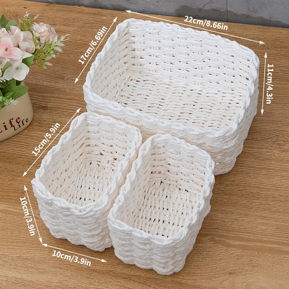 Set of 3 Handmade Woven Straw Storage Baskets – Soft Round Paper Rope Bins for Home, Office & Decorative Organization