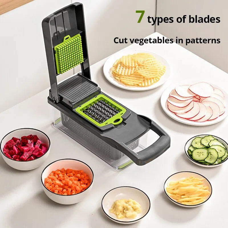 Multifunction 12-in-1 Slicer & Chopper – With Basket, Grater, Cutter