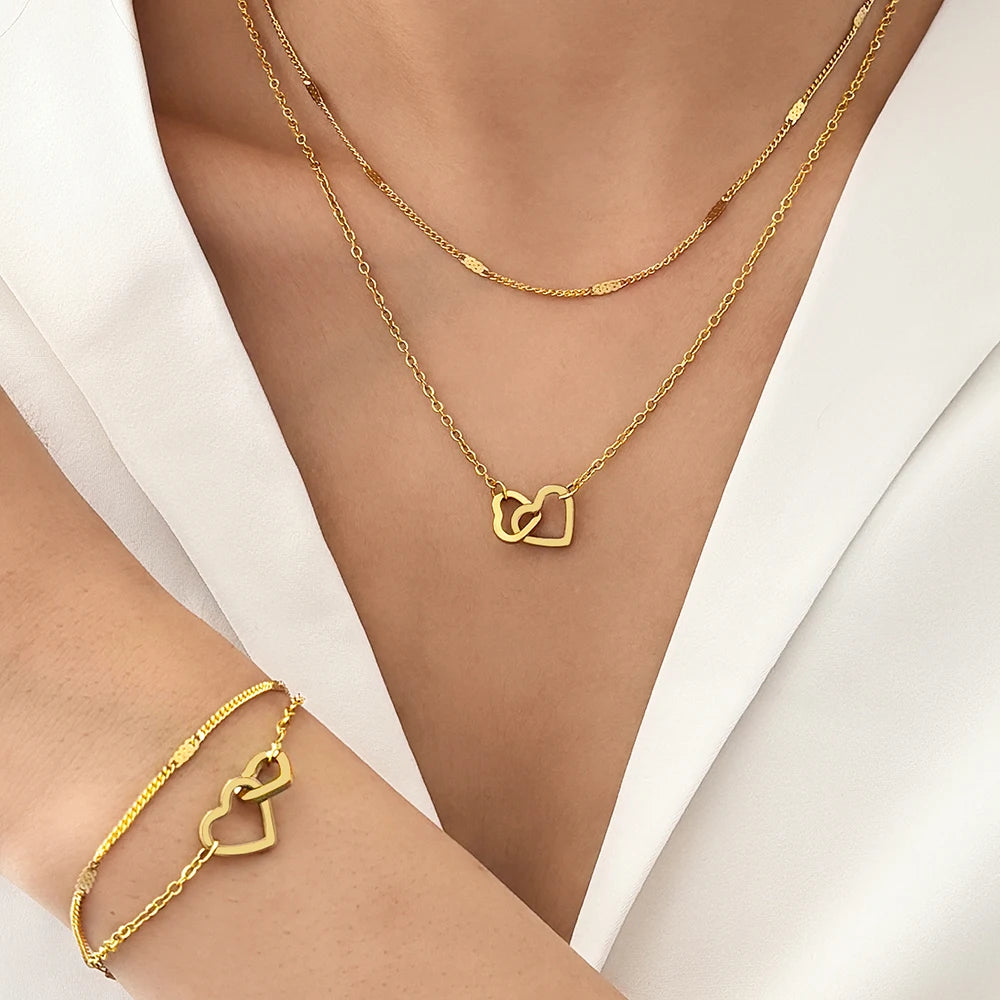 Luxury Stainless Steel Jewelry Set – Double Chain Love Necklace & Bracelet