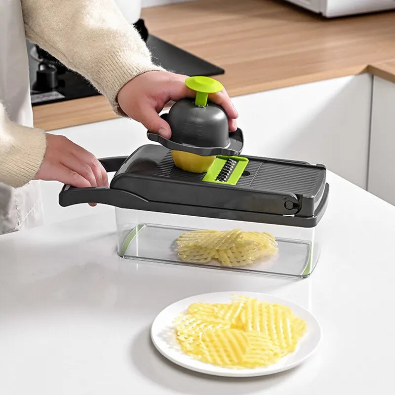 Multifunction 12-in-1 Slicer & Chopper – With Basket, Grater, Cutter