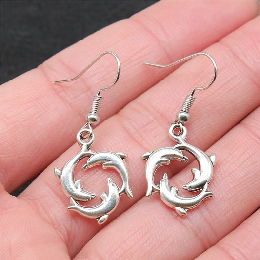 Handmade Dolphin Drop Earrings – Antique Silver Finish