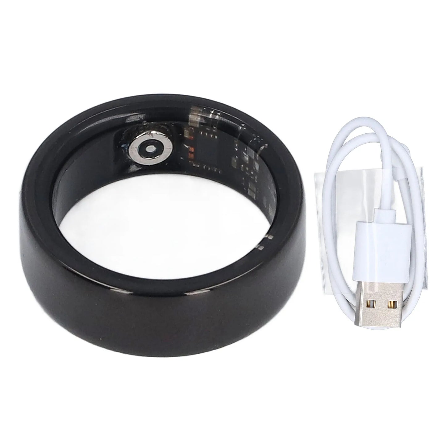Black Smart Fitness Ring – Rechargeable Ceramic Health Tracker, IP68 Waterproof, Step Counter
