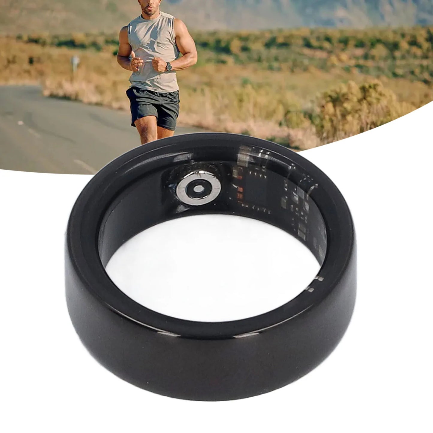 Black Smart Fitness Ring – Rechargeable Ceramic Health Tracker, IP68 Waterproof, Step Counter