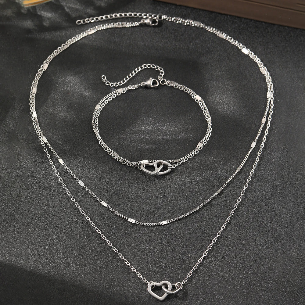 Luxury Stainless Steel Jewelry Set – Double Chain Love Necklace & Bracelet