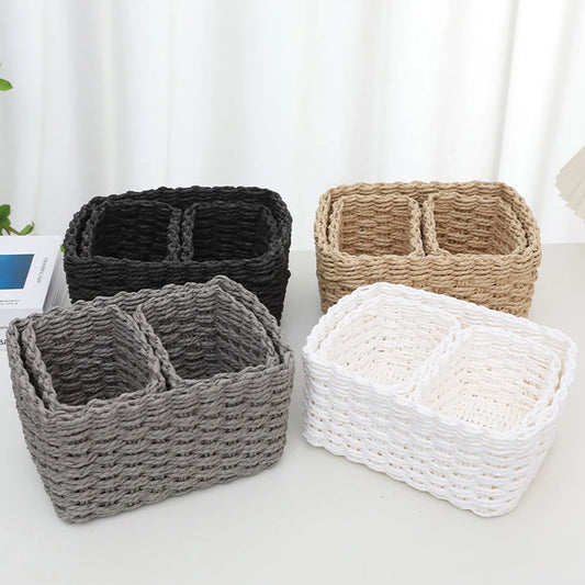 Set of 3 Handmade Woven Straw Storage Baskets – Soft Round Paper Rope Bins for Home, Office & Decorative Organization